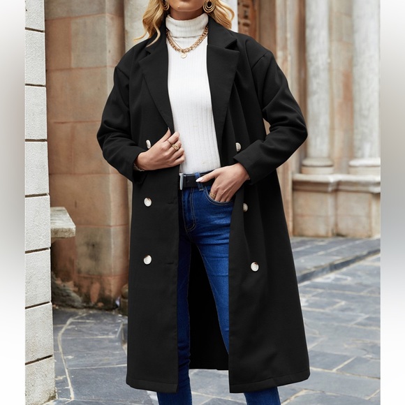 08 Black Lapel Double-Breasted Long Coat - Picture 2 of 3